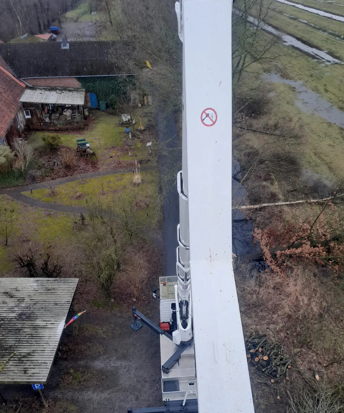 Blick aus dem Korb der Hubarbeitsbühne auf den abgetragenen Baum und das gestapelte Holz