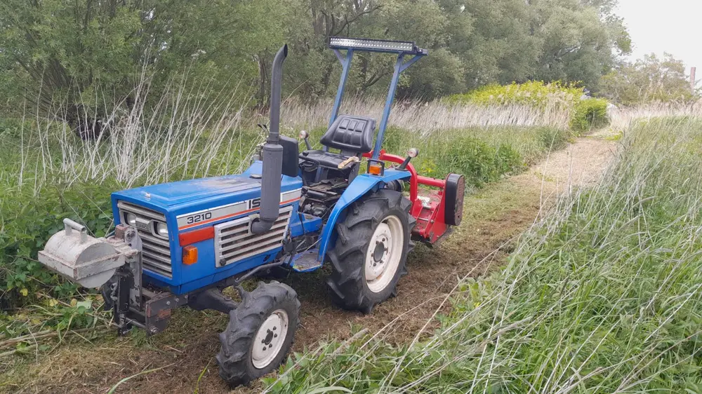 Iseki 3210 mit Mulcher beim Freischneiden eines zugewachsenen Wegrands